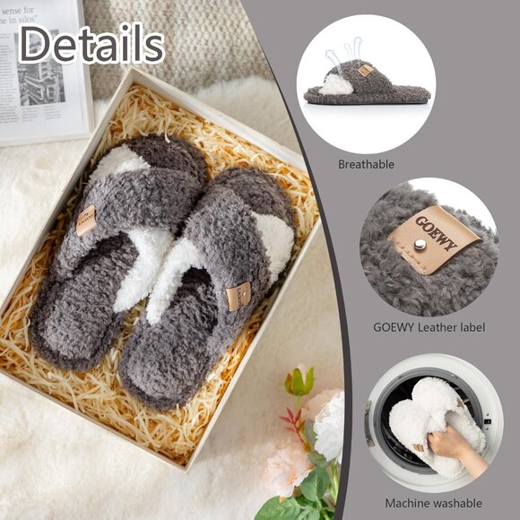⚡Women’s Grey White Faux Fur Cozy Fuzzy Cross Band Slippers Indoor House Shoes - Picture 4 of 6
